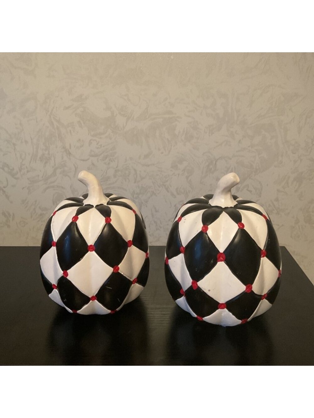 Chic Harlequin Ceramic Pumpkin Duo Black White Checkered Halloween Fall Decor
